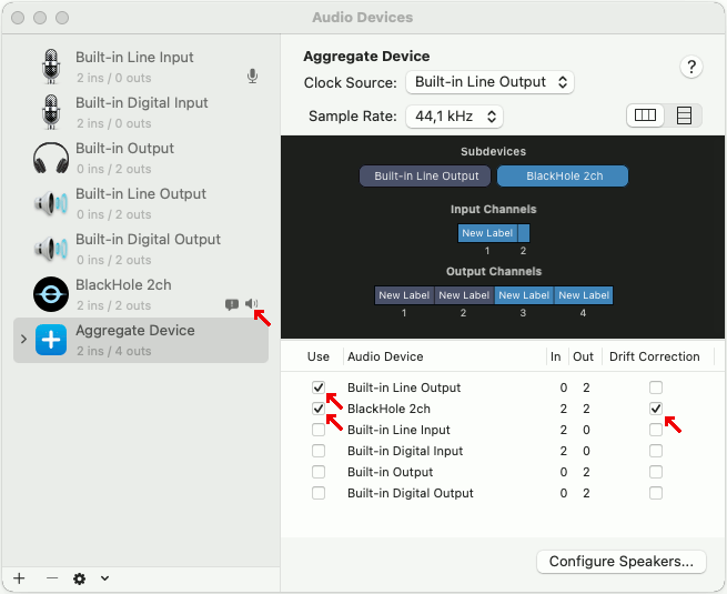 audio devices settings for measurement